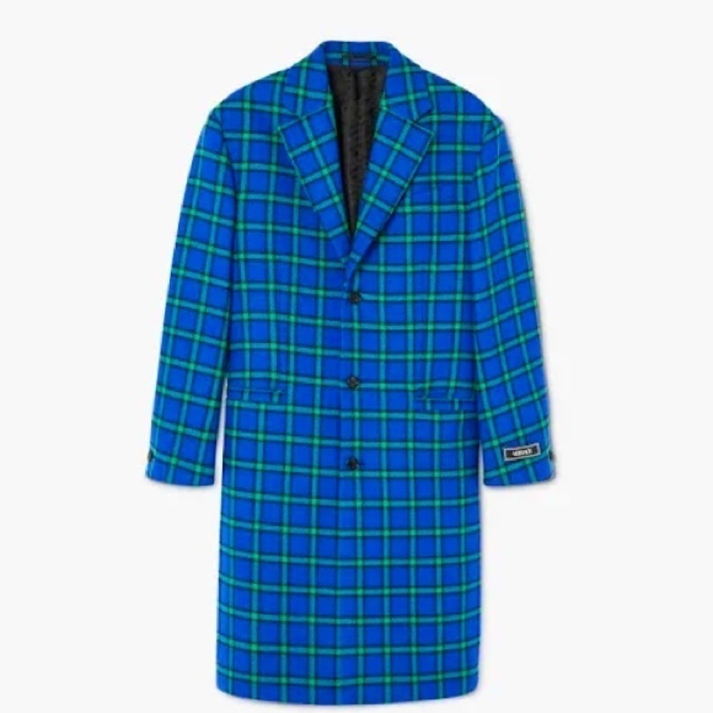 VERSACE Plaid Wool Coat Blue Green Tartan Overcoat Statement - Picture 1 of 3
